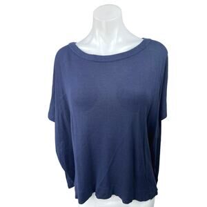 Daslu Basic Blue Knit Short Sleeve Oversized Pullover Shirt Blouse Top One Size